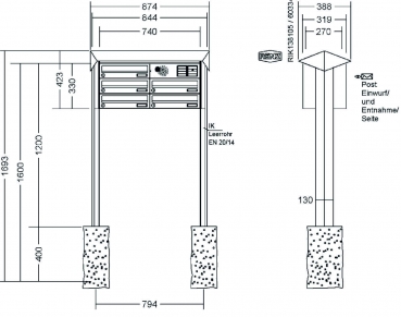 RENZ Briefkastenanlage freistehend, PRISMA, Edelstahl V4A, Kastenformat 370x110x270mm, mit Klingel - & Lichttaster und Vorbereitung Gegensprechanlage, 5-teilig, zum Einbetonieren